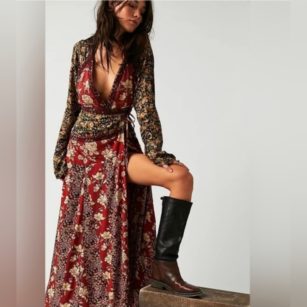 Free People Tilda Wrap Maxi Dress Floral Boho arty Gypsy, Free Spirit ,hippi